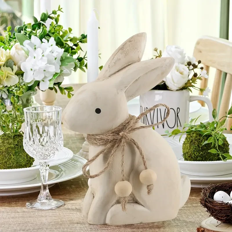 Antique Wood Farmhouse Easter Bunny Statue with Rustic Jute Bows & Beads