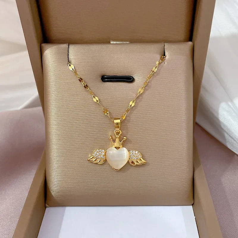 Light Luxury Micro-inlaid Opal Angel Heart Necklace