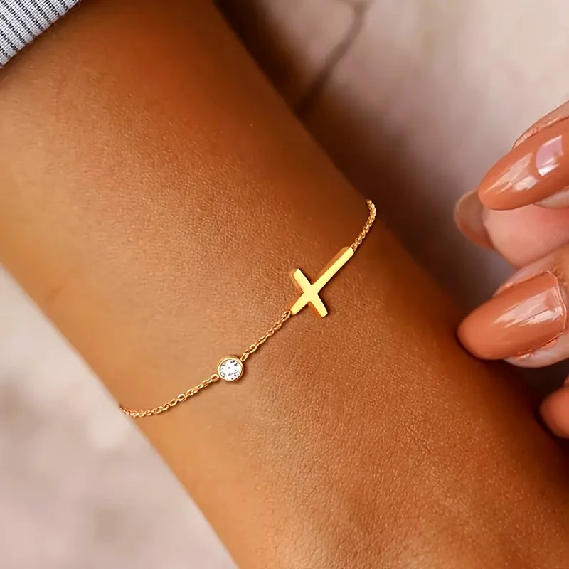 Simple Style Cross and Round Beads Stainless Steel Pendant Bracelet  Perfect for Young Ladies, Parties, and Gift for Friends