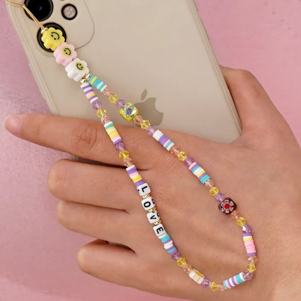 Bohemian Smiley Soft Ceramic Phone Chain Love Letter Crystal Beads Handmade Beaded Anti-Lost Mobile Phone Lanyard