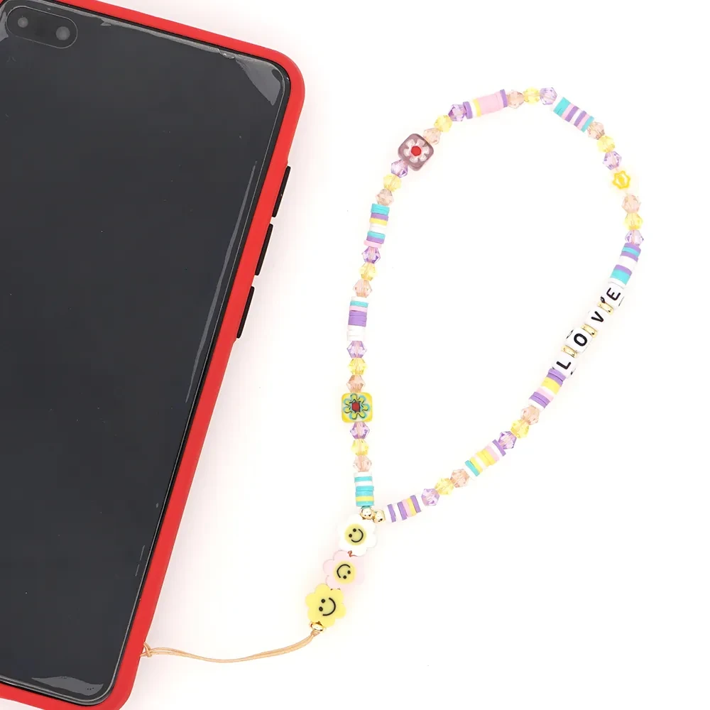 Bohemian Smiley Soft Ceramic Phone Chain Love Letter Crystal Beads Handmade Beaded Anti-Lost Mobile Phone Lanyard