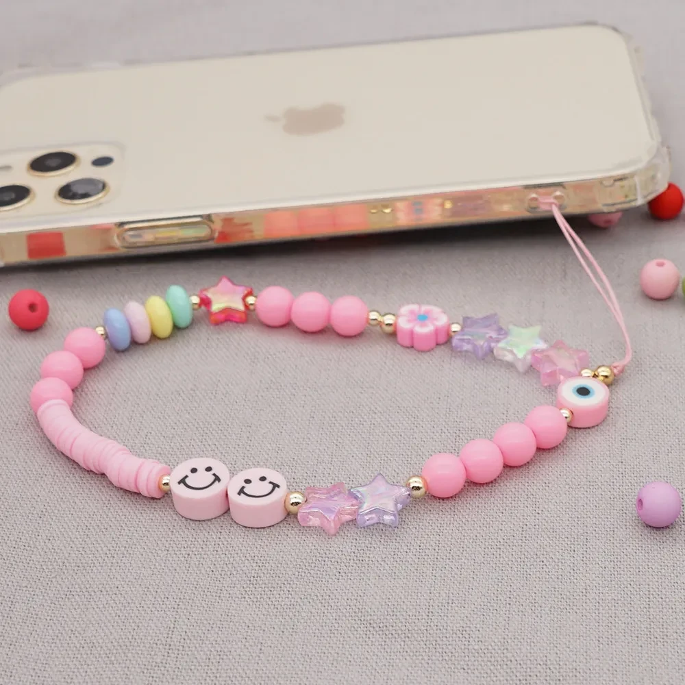 Smiley Soft Ceramic Mobile Phone Rope Hanging Jewelry Five-pointed Star Beaded Mobile Phone Chain Female