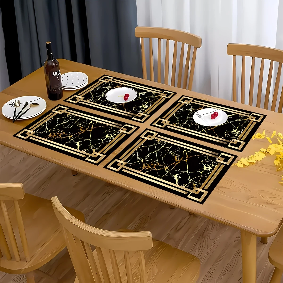 4pcs Black Golden Element Patterned Tableware Mats