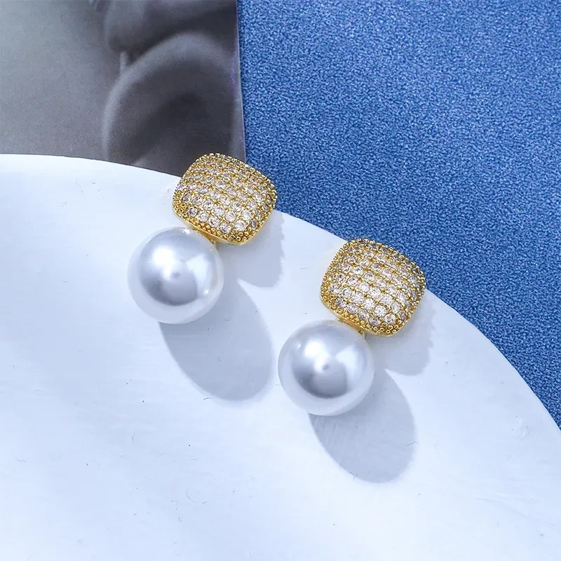Light Luxury Square Full Diamond Pearl Ear Studs Make Your Face Look Smaller