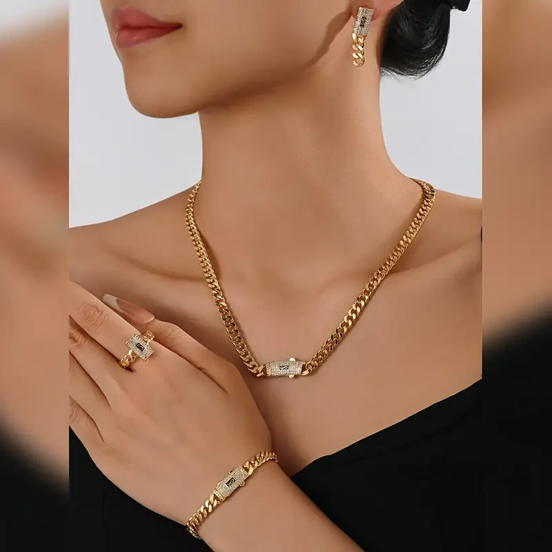 Fashionable Zirconia Earrings, Necklace, Ring, Bracelet Set for Ladies