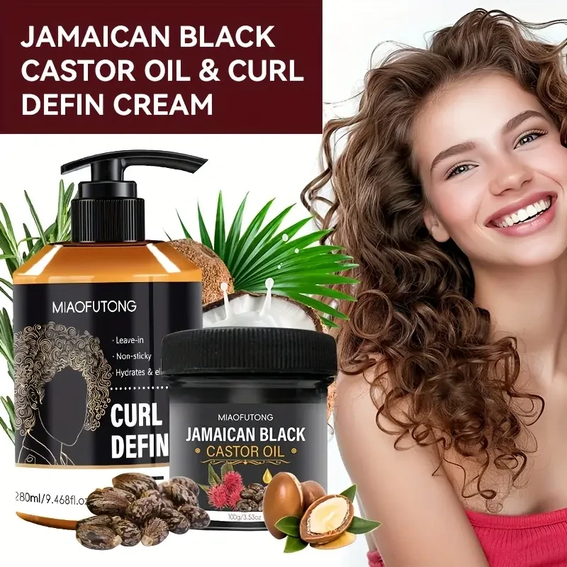 MIAOFUTONG Curl Define Leave-In Conditioner & Jamaican Black Castor Oil Set