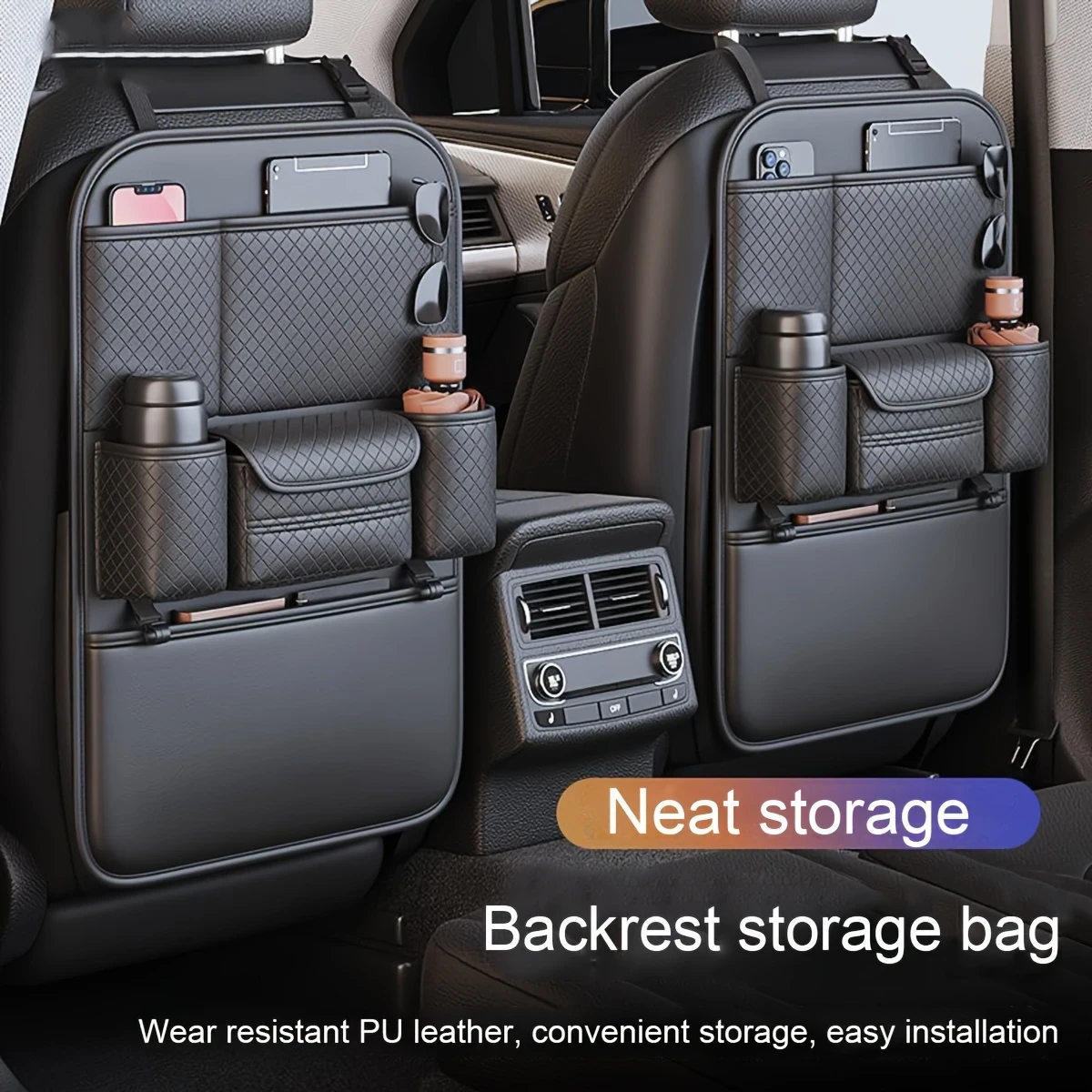 Large Capacity PU Leather Car Seat Back Organizer with Multi-Compartment Storage