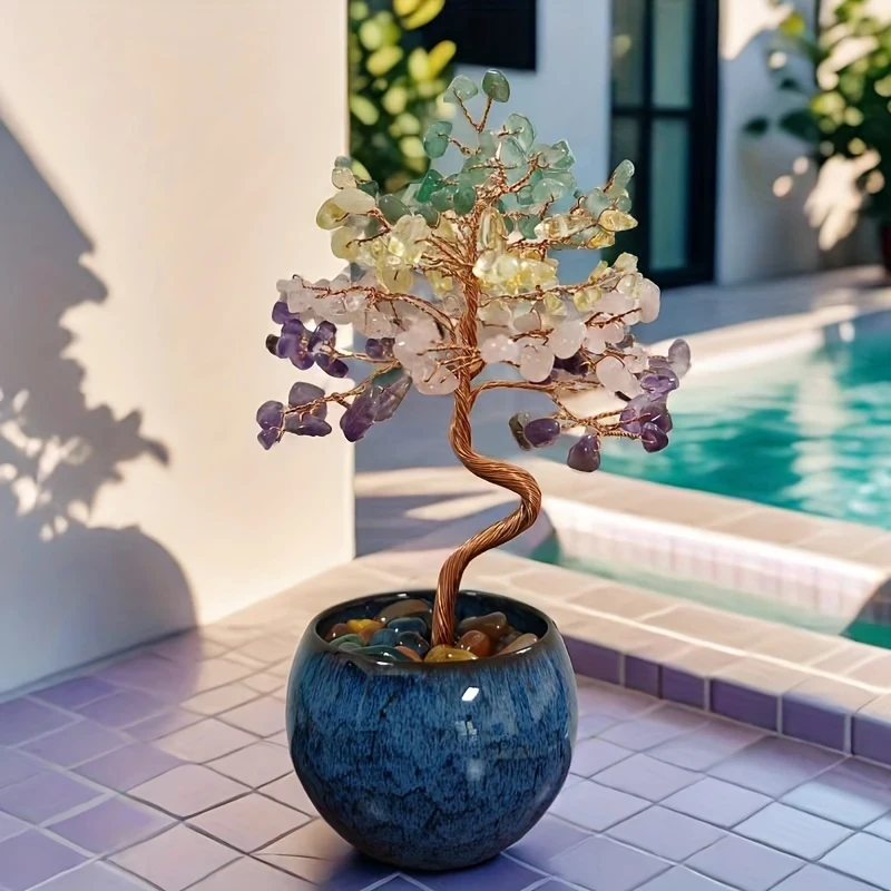 Elegant Pink Quartz, Aquamarine, Amethyst, Citrine Crystal Tree with Ceramic Base Colorful Faux Gemstone Desktop Ornament, Ideal for Mothers Day or Birthday Gift