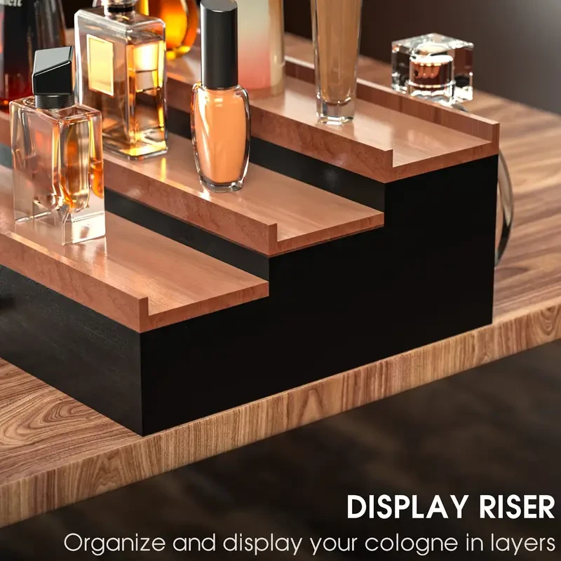 3-Tier Black Walnut Wooden Cologne Organizer with Drawer