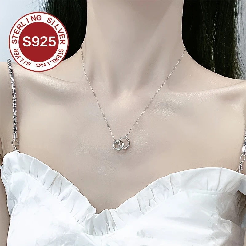 925 Low Allergy Double Ring Necklace Light Luxury Interlocking Collarbone Chain, Daily Wear Accessory, Suitable for Valentine's Day, Mother's Day, and Exquisite Couple Gifts