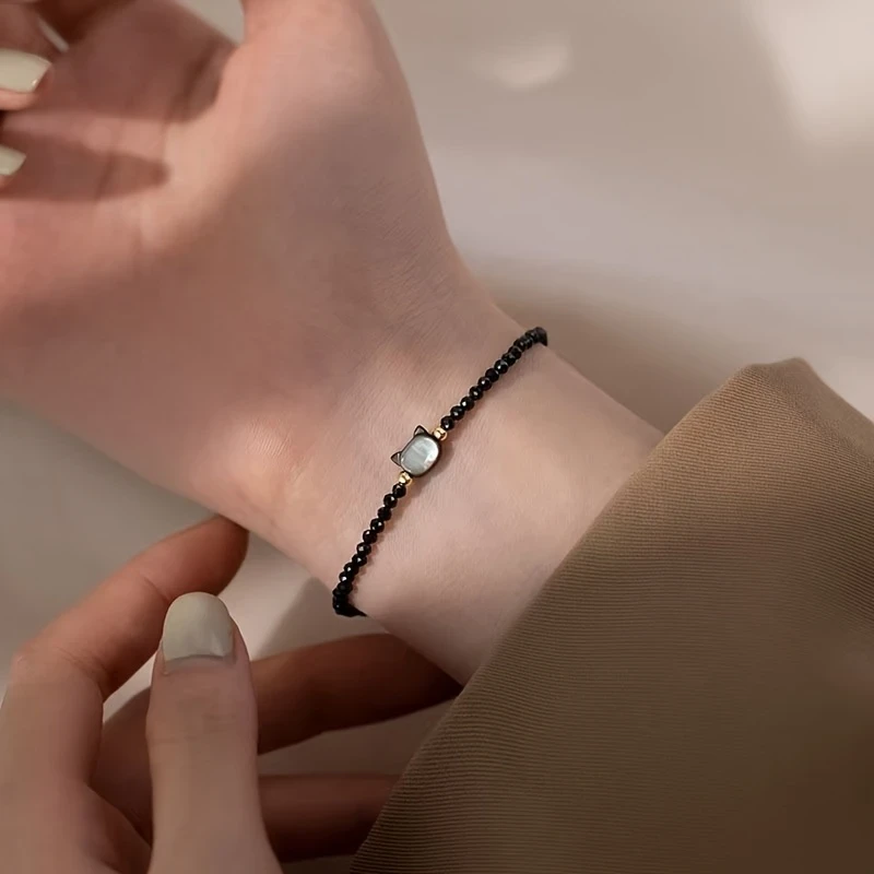 Adjustable Black Cat Charm Bracelet for Women  Cute Boho Style with Spinel Beads, Perfect for Valentine's Day or Birthday Gift, Daily Wear Jewelry