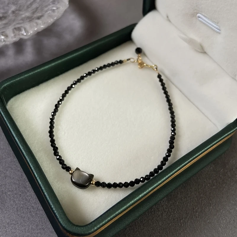 Adjustable Black Cat Charm Bracelet for Women  Cute Boho Style with Spinel Beads, Perfect for Valentine's Day or Birthday Gift, Daily Wear Jewelry