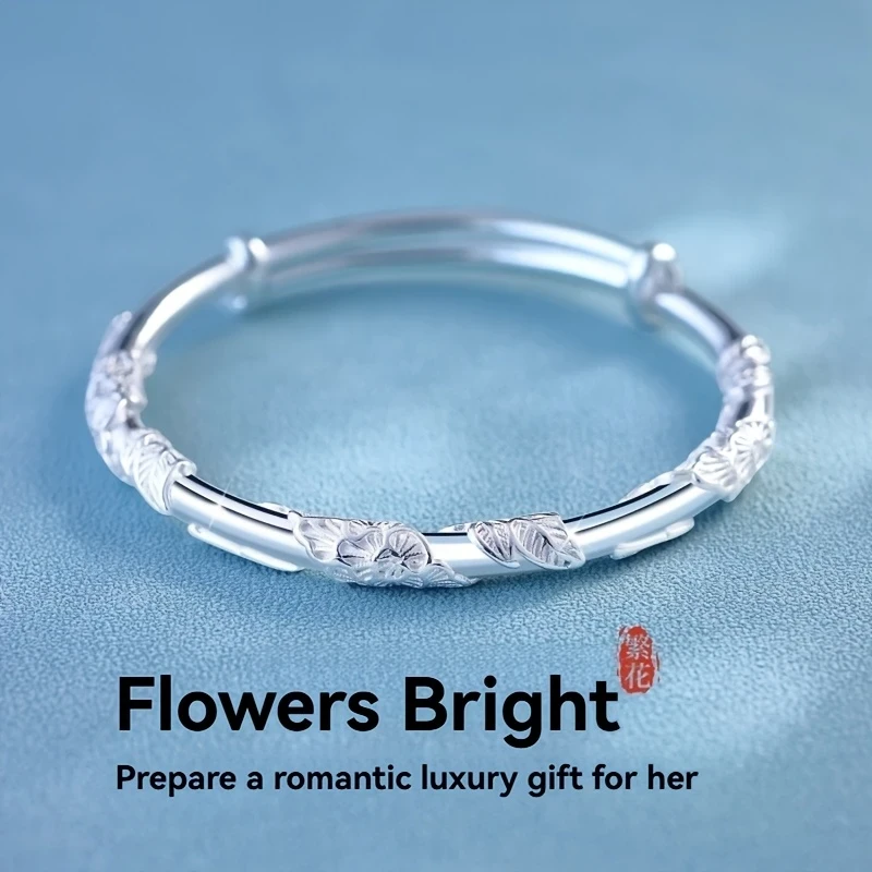 Elegant Sterling Silver S925 Lucky Charm Bracelet with Bell - Adjustable Open Cuff Design, Perfect Gift for Girlfriend, Family, and Friends