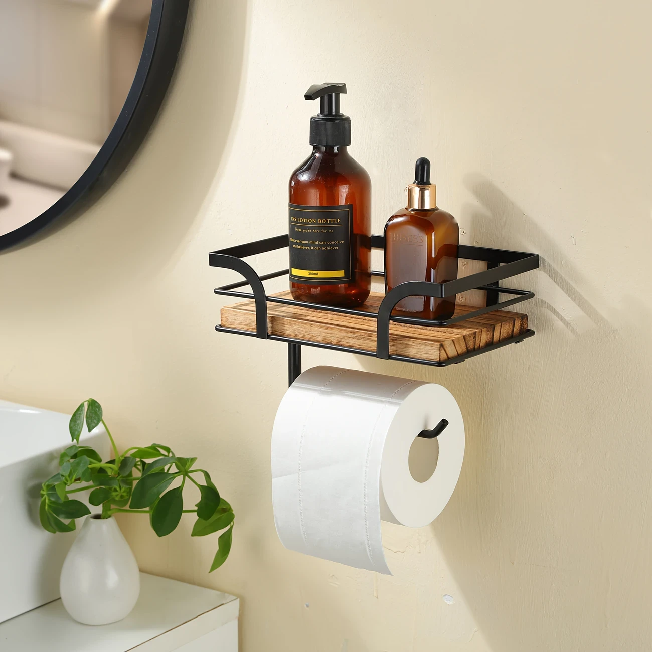Rustic Wood & Black Metal Bathroom Shelf
