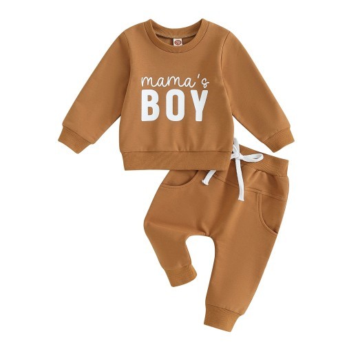 Solid Color Boy Letter Printed Round Neck Long Sleeve Trousers Suit