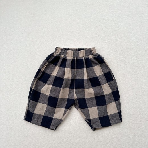 Retro Blue Plaid Casual Capri Pants Children's Middle Pants