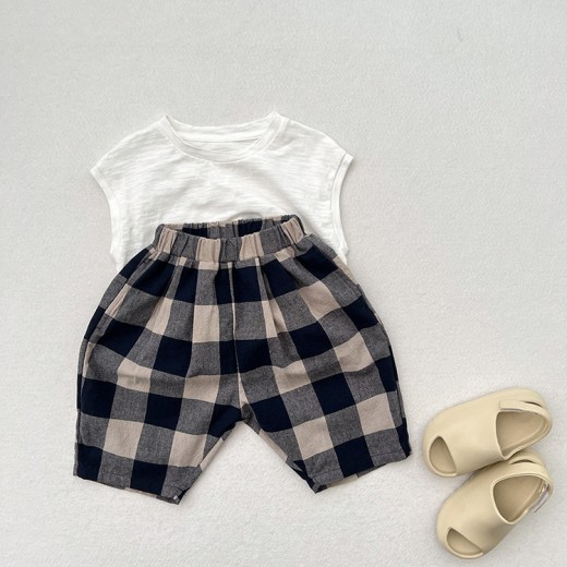 Retro Blue Plaid Casual Capri Pants Children's Middle Pants