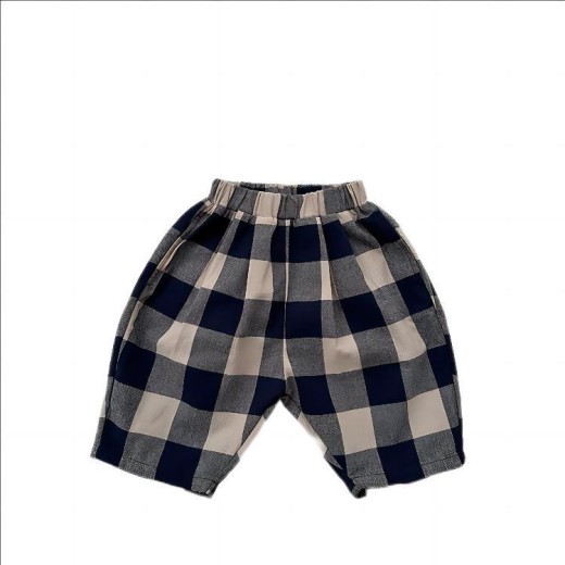 Retro Blue Plaid Casual Capri Pants Children's Middle Pants