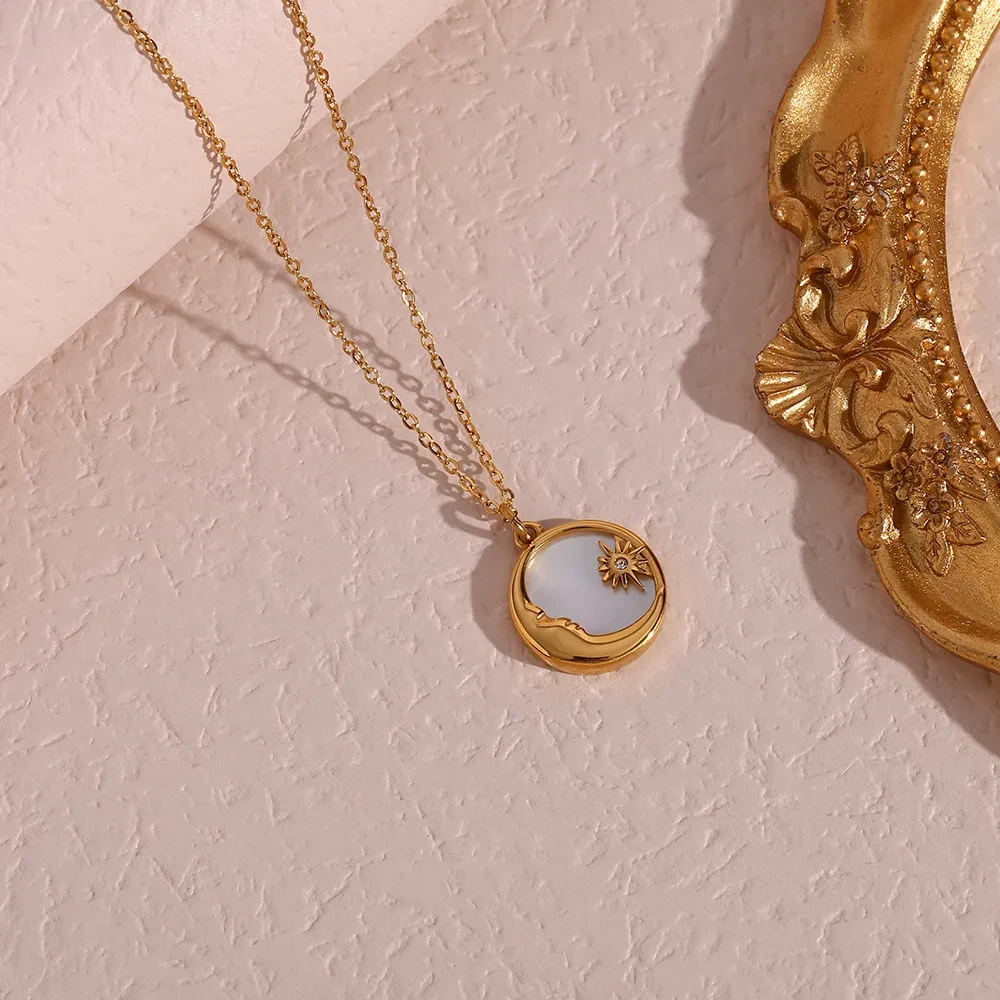 Natural Stainless Steel Shell Moon Star Pendant Necklace