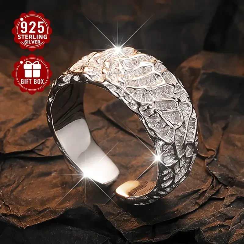 1pc Women's Fashion Wide Band Ring S925 Sterling Silver Textured Open Adjustable Ring, Perfect for Party Wear, Ideal Thanksgiving Gift