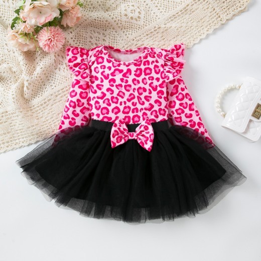 Spring And Autumn Women's Leopard Print Flounced Sleeve Mesh Princess Dress 2-piece Set