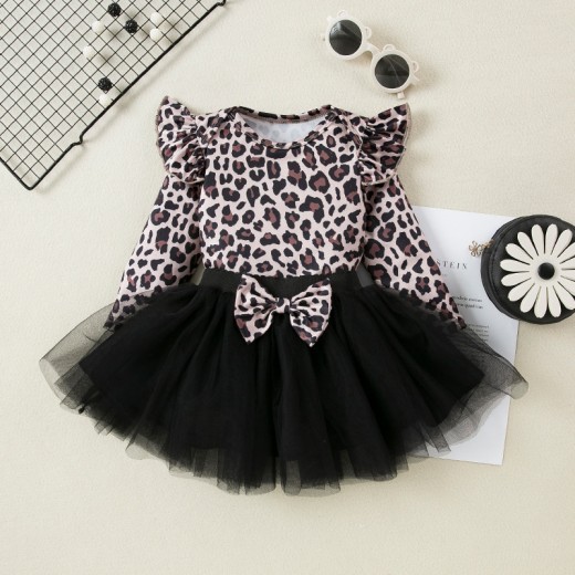 Spring And Autumn Women's Leopard Print Flounced Sleeve Mesh Princess Dress 2-piece Set