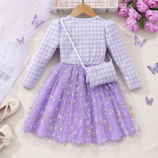 Girls' Long Sleeve Lady Star Mesh Dress