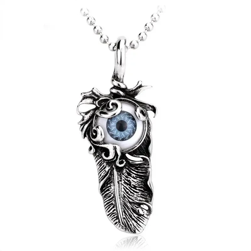 Titanium steel evil eye pendant feather pendant