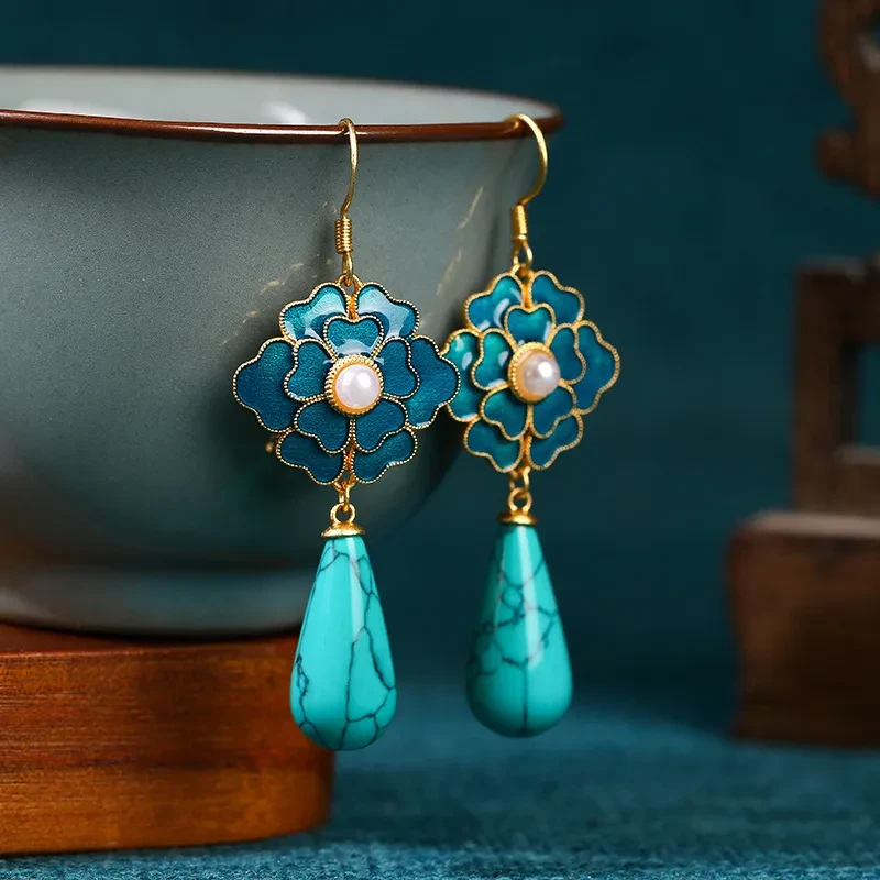 Camellia Tian-Tsui Pearl Turquoise Vintage Earrings