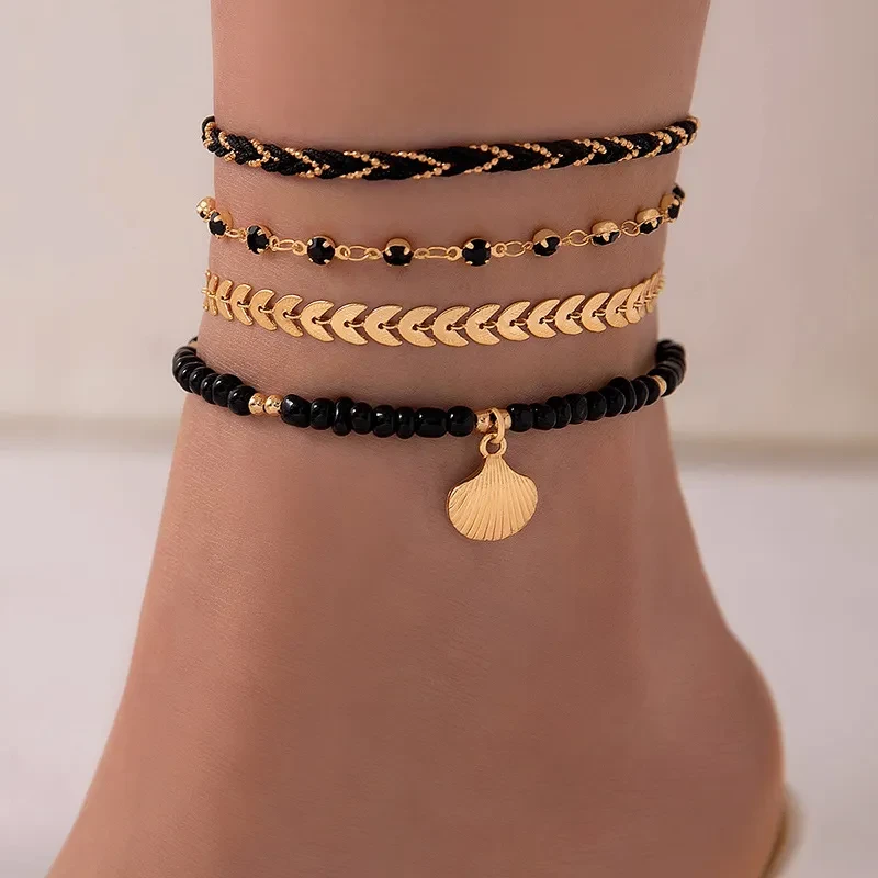 4pcs Set Bohemian Woven Rope Foot Chain For Men And Women Geometric Alloy Black Beads Dropping Oil Anklet Set Summer Fashion Jewelry