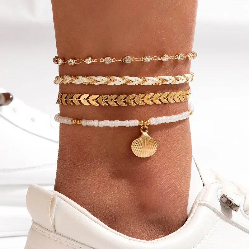 4pcs Set Bohemian Woven Rope Foot Chain For Men And Women Geometric Alloy Black Beads Dropping Oil Anklet Set Summer Fashion Jewelry