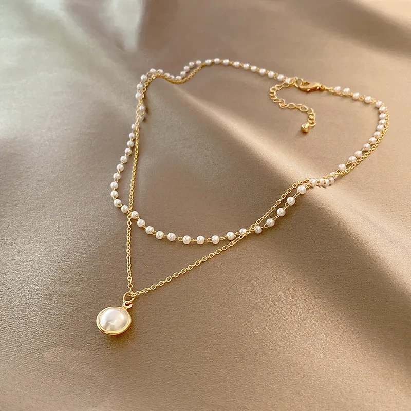 Summer Double-layer Pearls Necklace INS Fashion Clavicle Chain Necklace Jewelry For Beach