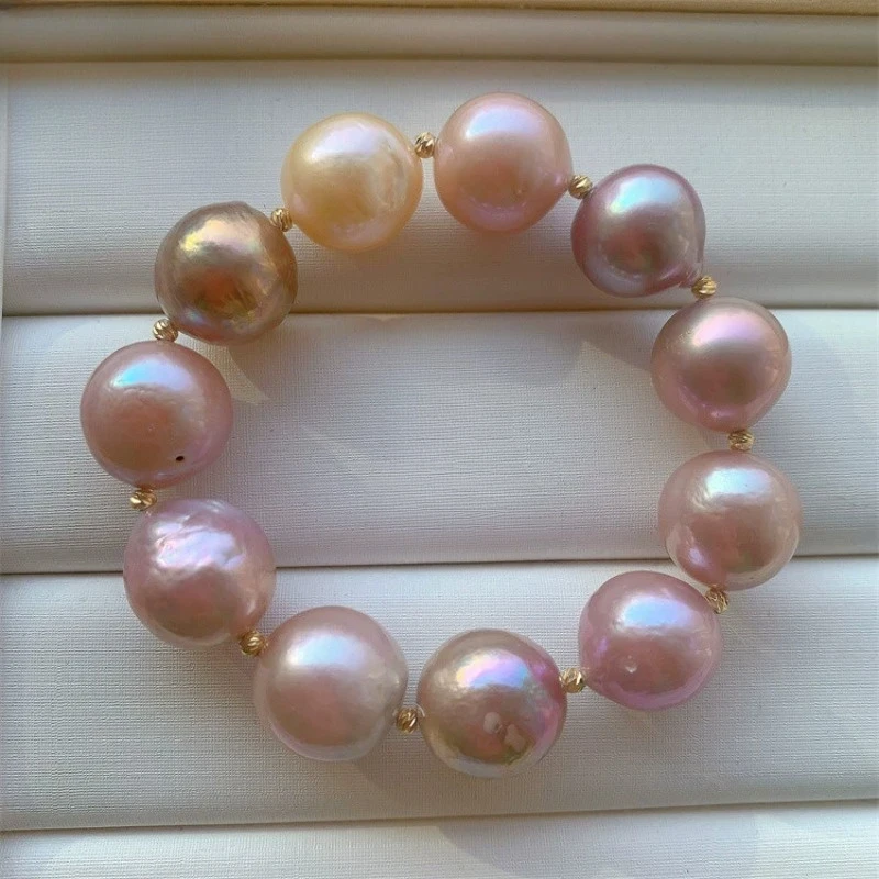 Natural Freshwater Edison Pearls Bracelet  Hand-Selected Iridescent Candy-Colored 9-12mm Round Freshwater Pearls with Golden-Tone Spacers, Luxury Jewelry for Casual Attire & Gifts