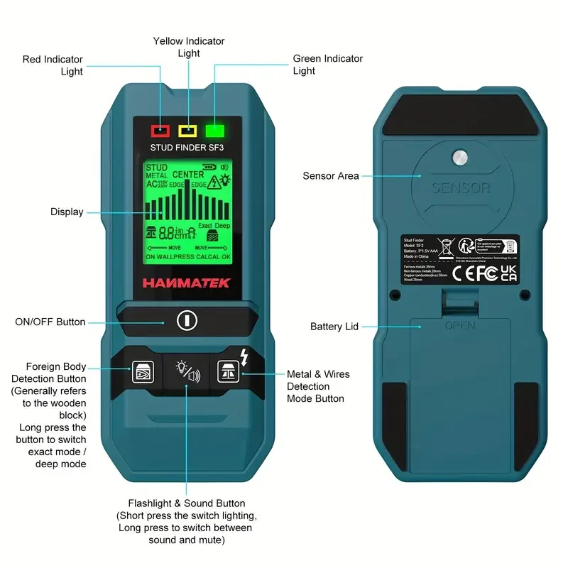 HANMATEK SF3 Stud Finder Wall Scanner with Audio Alarm & HD LCD Display