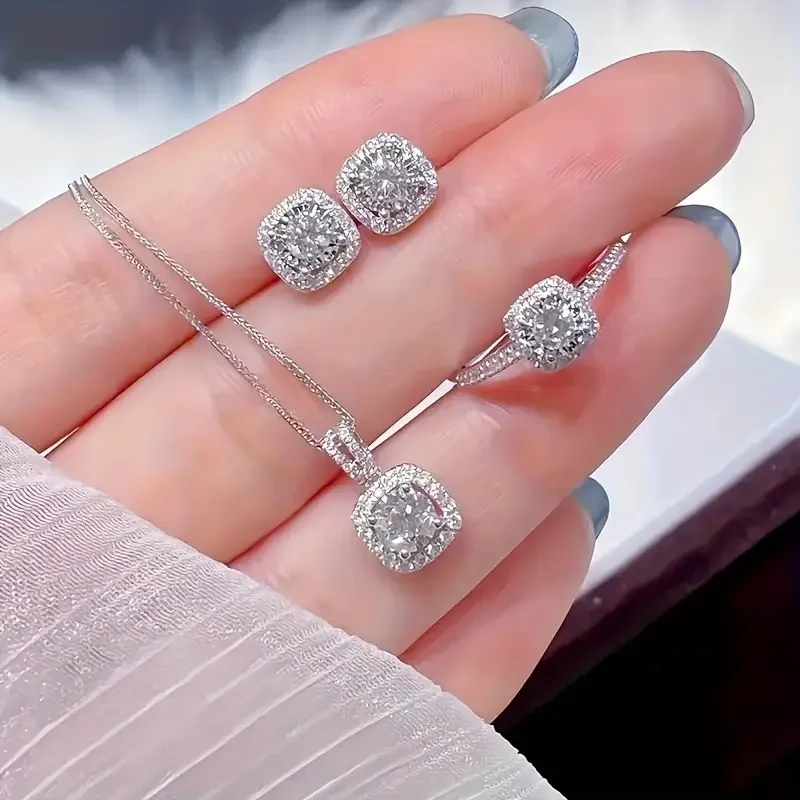 Cuboid Shiny Zirconia Inlaid Stud Earrings & Pendant Necklace & Ring Elegant Luxury Style
