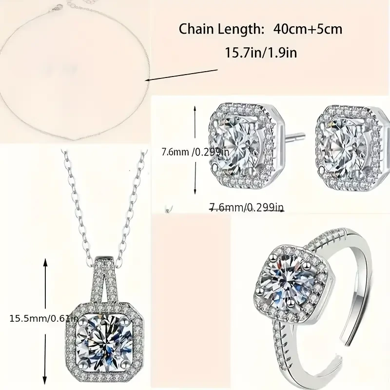 Cuboid Shiny Zirconia Inlaid Stud Earrings & Pendant Necklace & Ring Elegant Luxury Style