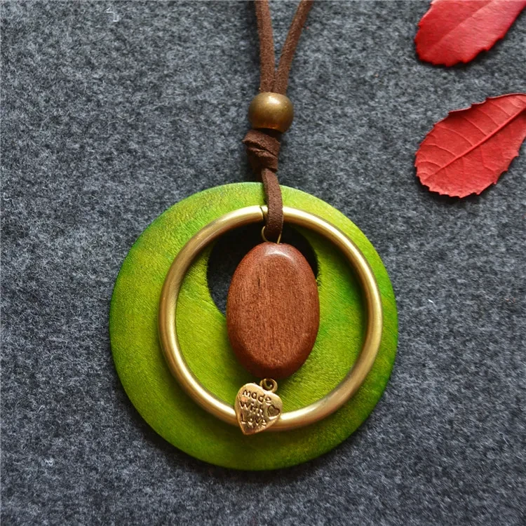 Wooden Ring Pendant Long Necklace Women's Dress