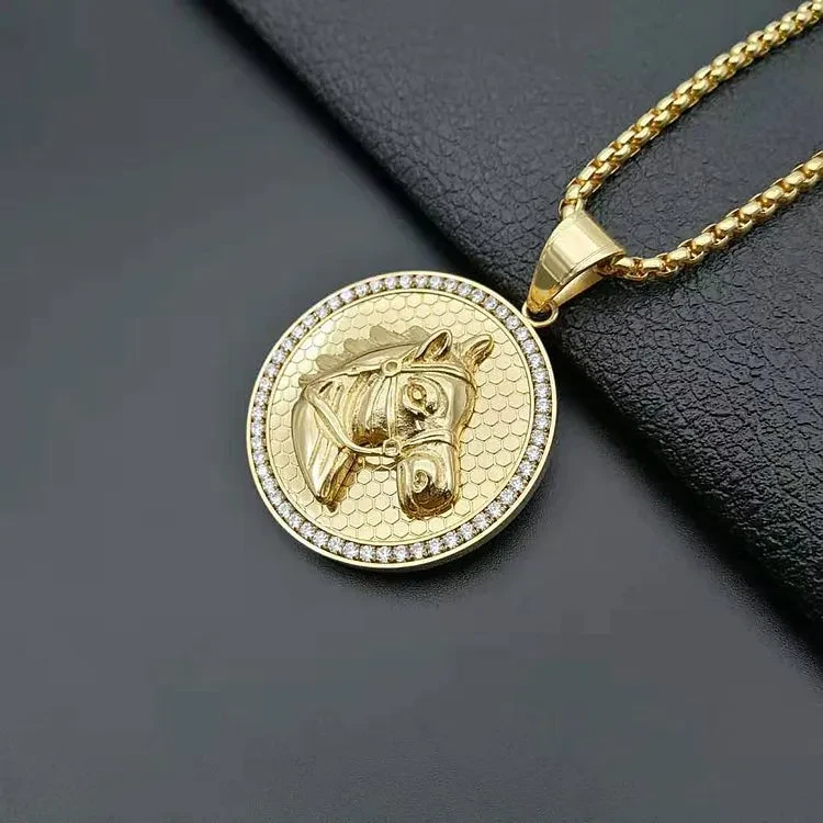 Stainless Steel Gold-Plated Zircon Horse Head Pendant