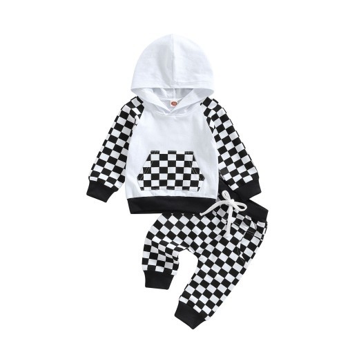 Casual Boys' Plaid Patchwork Hoodie Trousers Suit