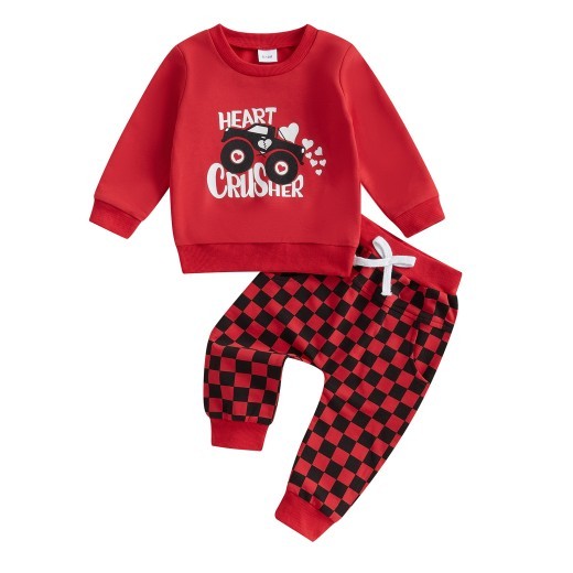 Long Sleeve Letter Heart Printing Sweater Chessboard Plaid Trousers Suit