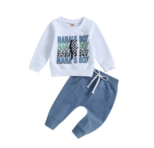Casual Boy Letter Floral Print Long Sleeve Pullover Trousers Suit