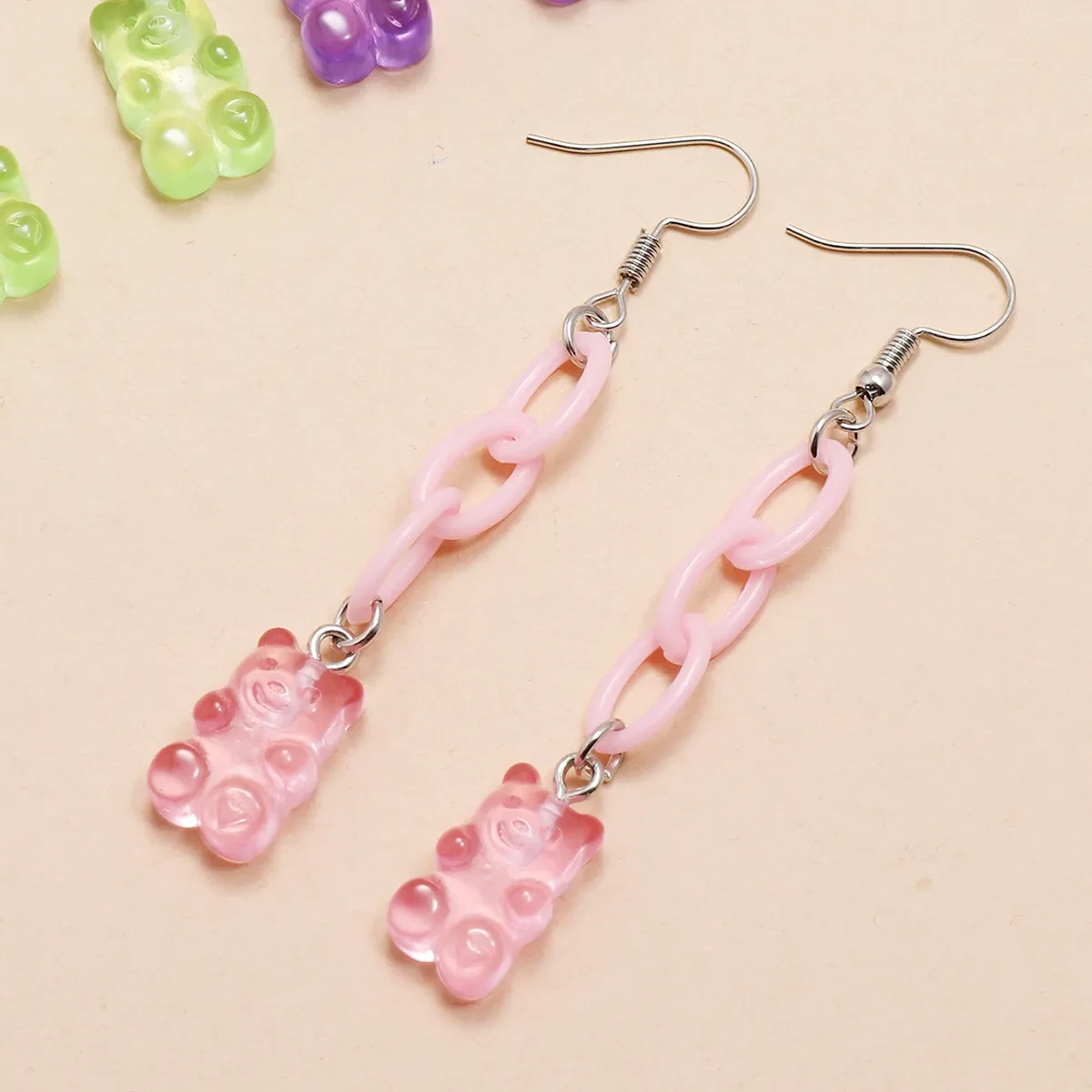 Tricolor Resin Bear Pendant Tassel Earrings