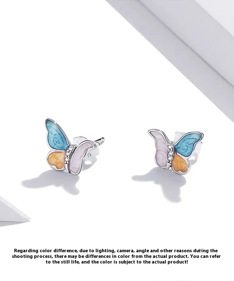 Butterfly Sterling Silver Earrings White Gold Plated Colorful Oil Necklace