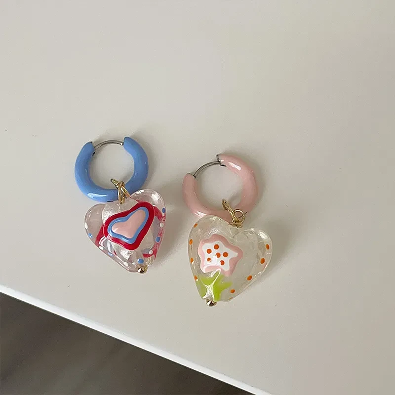 Asymmetric Design Dripping Transparent Heart-shaped Earrings