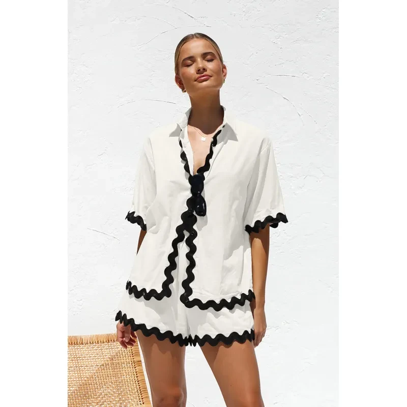 2Pcs Summer Shirt Suit With Short-sleeved V-neck Shirt For Women