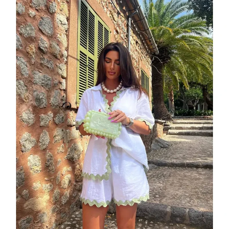 2Pcs Summer Shirt Suit With Short-sleeved V-neck Shirt For Women