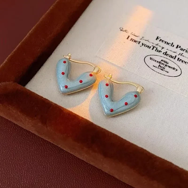 Red Polka Dot Blue Loving Heart Ear Clip Sweet Drip Glazed