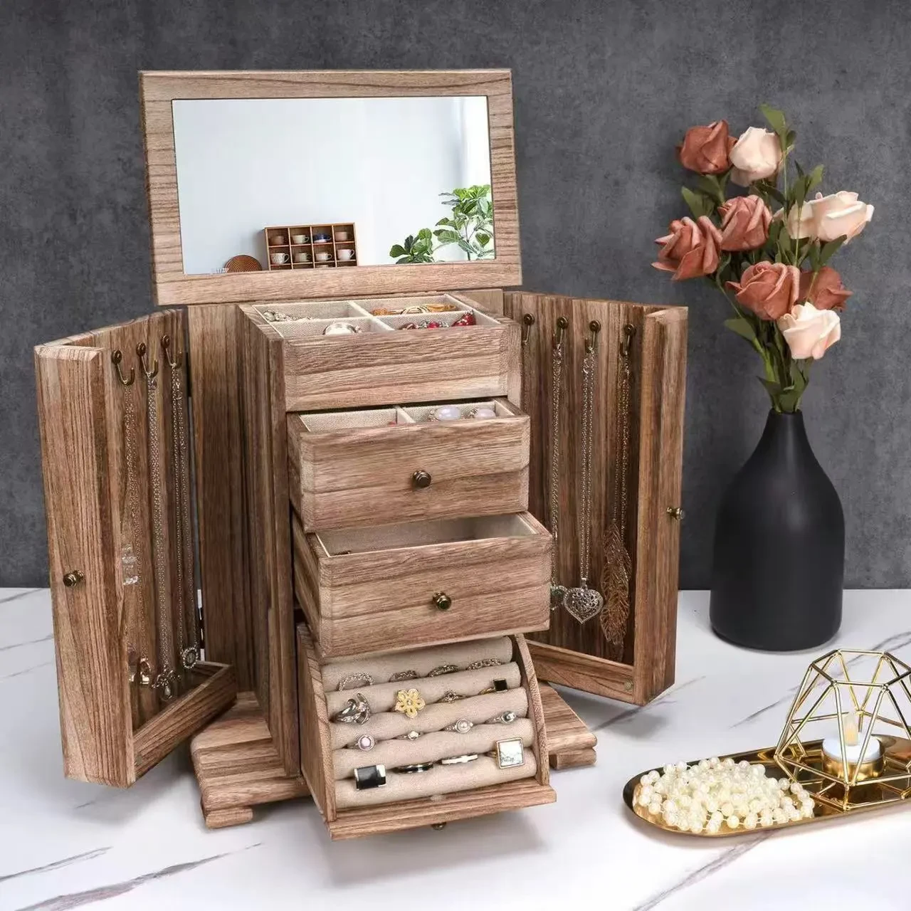5-Tier Rustic Wooden Jewelry Box with Mirror & Drawers