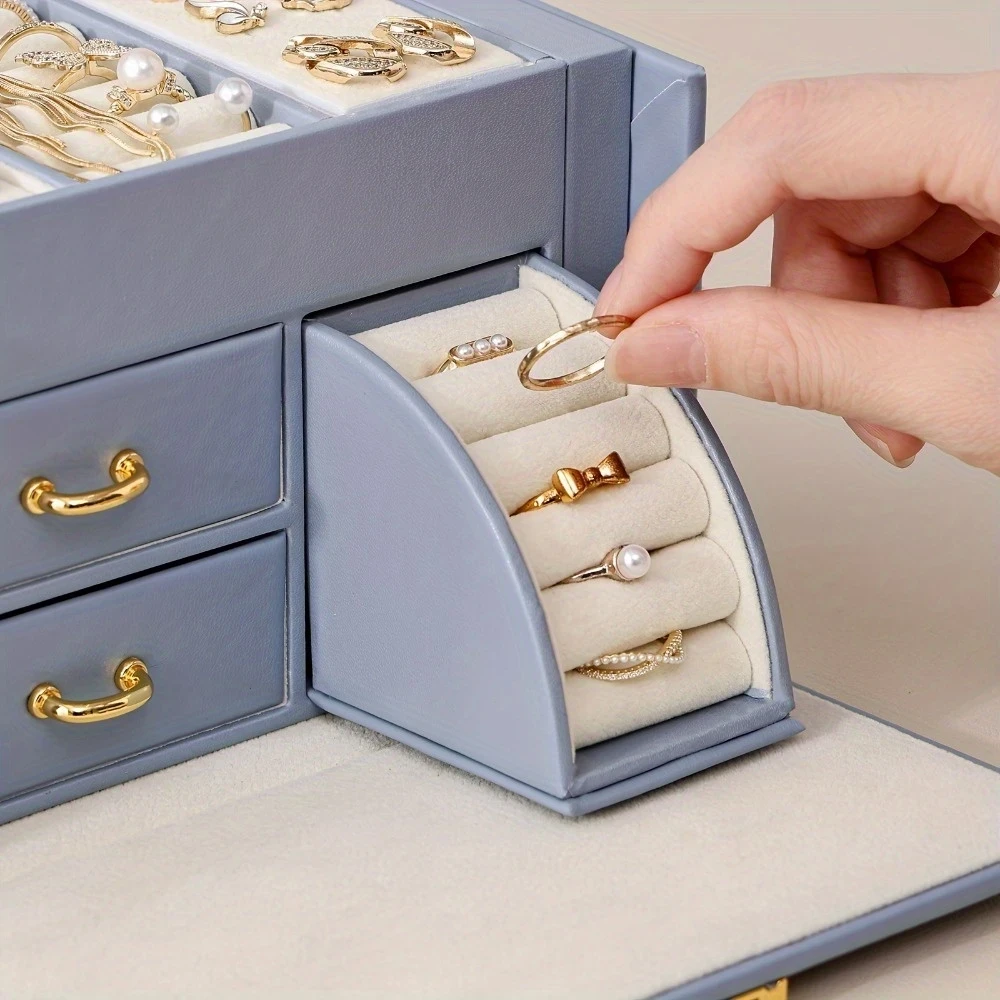 Elegant Blue Artificial Leather Jewelry Box with Golden Buckle