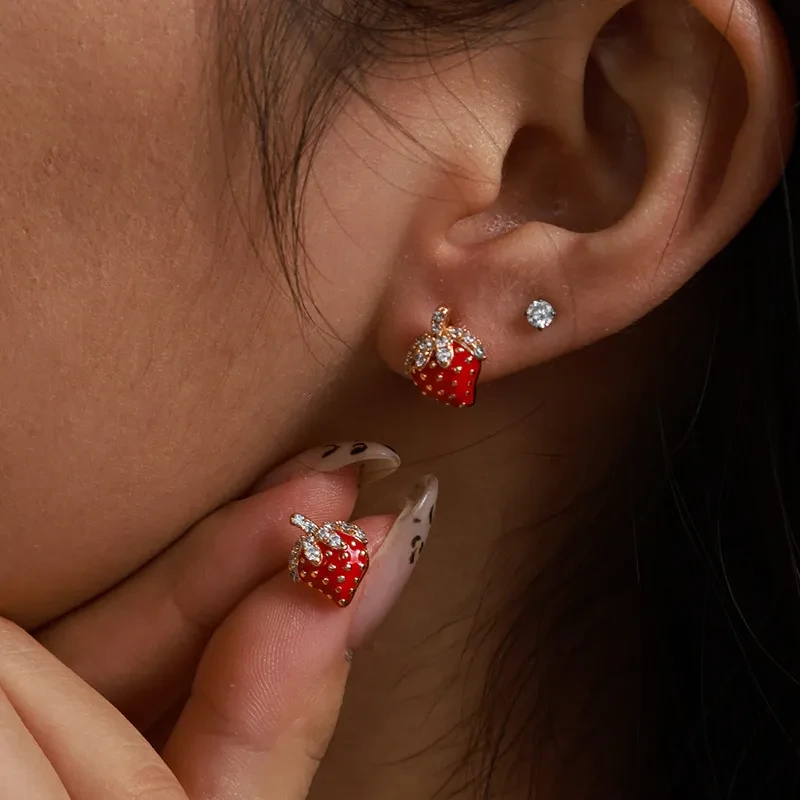 Cute Red Strawberry Fruit Inlaid Zirconium Stud Earrings